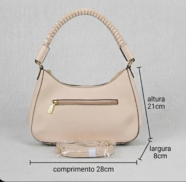 Bolso Hobo Estructurado para Mujer con Asa Trenzada y Detalles Dorados Modelo Brisa de Búzios
